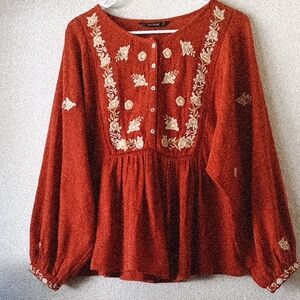 Zara Red Blouse with Tan Embroidery